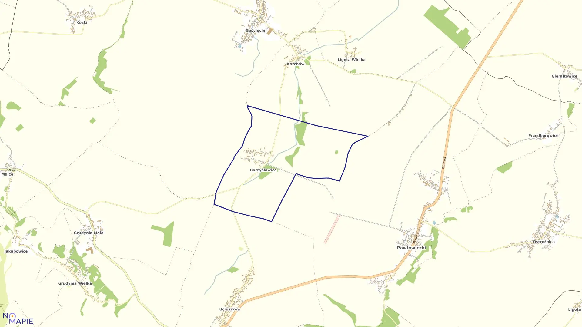 Mapa obrębu BORZYSŁAWICE w gminie Pawłowiczki