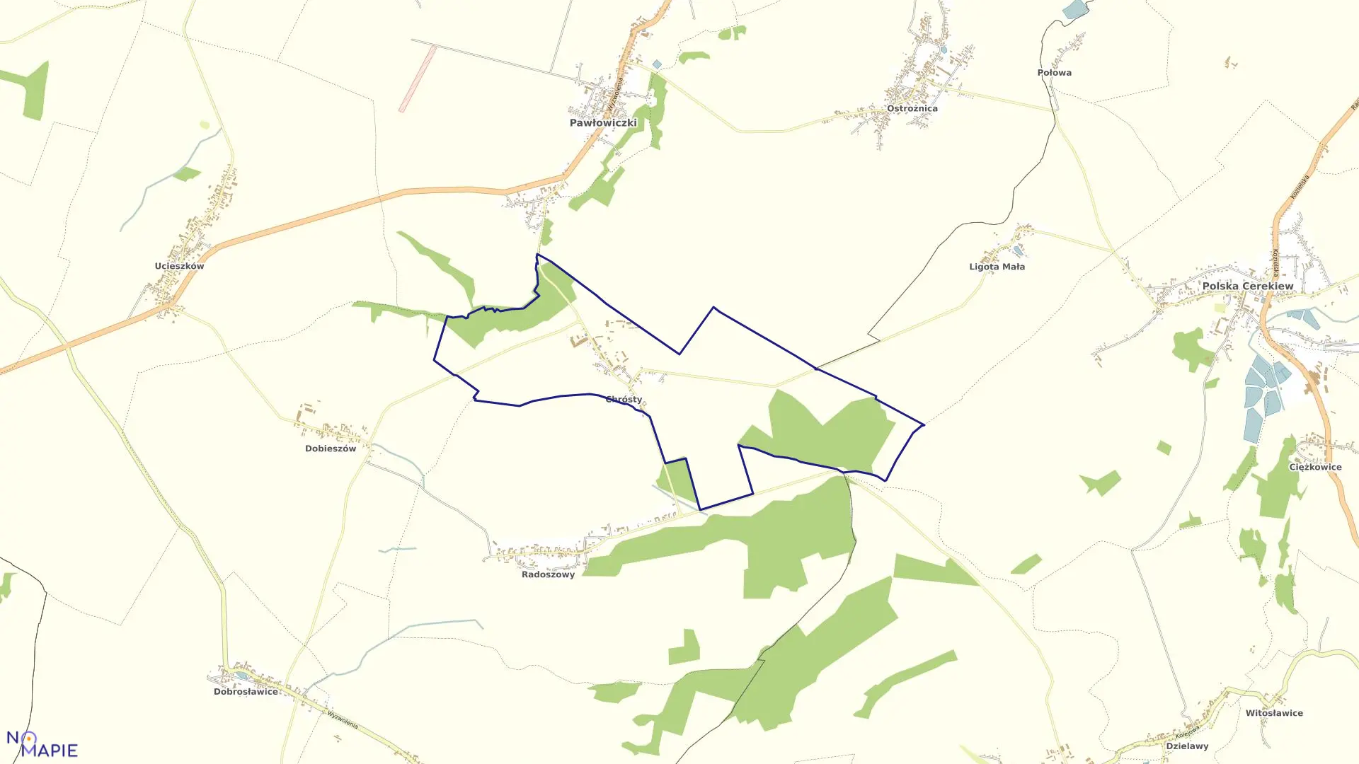 Mapa obrębu CHRÓSTY w gminie Pawłowiczki